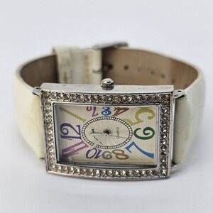 27MM Women's Watch Gray Dial Crystal Bezel Cream Leather Bands New Battery